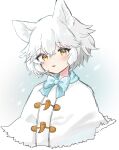  1girl alternate_hairstyle animal_ears arctic_fox_(kemono_friends) blue_bow blue_bowtie blush bow bowtie capelet clasp commentary_request fox_ears fox_girl highres kemono_friends looking_at_viewer megumi_222 open_mouth short_hair simple_background snow solo white_capelet white_hair yellow_eyes 