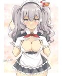  1girl alternate_costume apron bikini bikini_top_only bikini_under_clothes black_dress breasts cleavage cowboy_shot dress enmaided frilled_dress frills gakky gloves grey_eyes grey_hair kantai_collection kashima_(kancolle) large_breasts maid maid_headdress neckerchief one-hour_drawing_challenge red_neckerchief sidelocks solo swimsuit swimsuit_under_clothes twintails waist_apron wavy_hair white_apron white_bikini white_gloves 