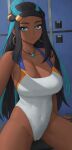  1girl alternate_breast_size aqua_hair bare_shoulders black_hair blue_eyes breasts cleavage closed_mouth collarbone covered_navel dark-skinned_female dark_skin earrings groin hair_bun hair_ornament highres hoop_earrings jewelry large_breasts locker locker_room long_hair looking_at_viewer multicolored_hair nessa_(pokemon) one-piece_swimsuit pendant pokemon pokemon_(game) pokemon_swsh revision sidelocks sitting smile solo streaked_hair swimsuit thighs two-tone_hair zaphn 