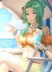  1girl absurdres bare_shoulders bead_bracelet bead_necklace beads bikini blue_sky bracelet breasts brown_eyes cloud cup day elincia_ridell_crimea feet_out_of_frame fire_emblem fire_emblem:_radiant_dawn fire_emblem_heroes green_hair hair_bun hand_up highres holding holding_cup holding_spoon jewelry large_breasts long_hair looking_at_viewer necklace nei_(aduma1120ponpon) ocean off-shoulder_bikini off_shoulder official_alternate_costume orange_bikini outdoors puffy_short_sleeves puffy_sleeves sarong short_sleeves sitting sky smile solo spoon stomach swimsuit water 