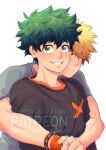  2boys ainudraws bakugou_katsuki bangs black_shirt blonde_hair boku_no_hero_academia closed_eyes freckles green_eyes green_hair grey_shirt highres male_focus midoriya_izuku multiple_boys patreon_username red_eyes red_hair shirt short_hair smile spikes t-shirt teeth white_background wrist 