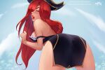  1girl arched_back ass bare_back black_headwear deviantart_username hair_over_one_eye hat league_of_legends long_hair looking_at_viewer looking_back miss_fortune_(league_of_legends) open_mouth patreon_username pirate_hat prywinko red_hair red_lips signature solo 