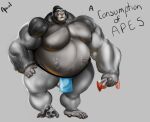  anthro ape balls belly big_belly black_body black_fur bone bottomwear clothing fur genitals gorilla haplorhine loincloth male mammal muscular muscular_male navel open_mouth oral_vore outie_navel penis primate same_size_vore skull vhyena vore 