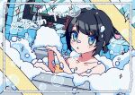  1boy androgynous bath bathing black_hair blue_eyes blush bubble_bath flower low_ponytail male_focus open_mouth original plant pml ponytail potted_plant rubber_duck short_hair short_ponytail solo stuffed_animal stuffed_toy teddy_bear vase water 