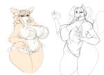  absurd_res anthro big_breasts breasts canid canine carsen clothed clothing duo fangs felid feline female fluffy fluffy_tail fur hi_res mammal multicolored_body multicolored_fur open_mouth open_smile partially_clothed red_eyes sketch smile thick_thighs two_tone_body two_tone_fur white_body white_fur wide_hips yellow_body yellow_fur 