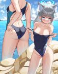  1girl absurdres animal_ear_fluff animal_ears bangs black_swimsuit blue_archive blue_eyes blue_sky breasts clothes_pull cloud competition_swimsuit contrapposto covered_navel cross_hair_ornament day english_commentary extra_ears grey_hair hair_ornament halo highres horizon l1quid_neko medium_breasts medium_hair mismatched_pupils mixed-language_commentary multicolored_clothes multicolored_swimsuit multiple_views ocean one-piece_swimsuit outdoors rock shiroko_(blue_archive) shiroko_(swimsuit)_(blue_archive) sky standing swimsuit swimsuit_pull swimsuit_under_clothes 