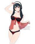  1girl absurdres black_hair blush breasts commission highres lingerie looking_at_viewer pegasus_arts red_eyes simple_background smile spy_x_family stomach underwear white_background yor_briar 