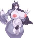  2021 5_fingers absurd_res anthro areola armpit_hair big_breasts black_nose bodily_fluids body_hair breasts canid canine canis carsen cervina claws curvy_figure female finger_claws fingers fluffy fluffy_tail fur genitals hair hi_res huge_breasts long_hair mammal nipples nude pubes purple_body purple_fur purple_hair pussy simple_background smile solo sweat sweatdrop teeth thick_thighs voluptuous white_body white_fur wide_hips wolf 