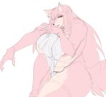  anthro big_breasts breasts canid canine carsen clothed clothing female fur hair hi_res looking_at_viewer mammal multicolored_body multicolored_fur nipples open_mouth open_smile partially_clothed pink_body pink_fur pink_hair red_eyes simple_background smile solo thick_thighs two_tone_body two_tone_fur wide_hips 
