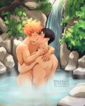  2boys artist_request black_hair blush haikyuu!! hinata_shouyou kageyama_tobio kiss male_focus multiple_boys onsen orange_hair source_request water waterfall yaoi 