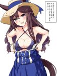  1girl animal_ears blush breasts collarbone commentary_request dress hair_between_eyes hat herohero_(higashi_no_dou) highres horse_ears horse_tail medium_breasts mejiro_dober_(umamusume) open_mouth purple_eyes simple_background solo straw_hat tail translation_request umamusume undressing white_background 