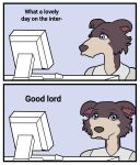  2022 anthro beastars blue_eyes canid canine canis clothed clothing comic computer english_text female hi_res humor juno_(beastars) looking_at_viewer mammal meme multiple_images reaction_image roxistic simple_background solo text wolf 