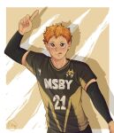  1boy :d ainudraws black_pants clothes_writing haikyuu!! highres hinata_shouyou male_focus orange_hair pants short_hair smile sportswear toned toned_male tongue volleyball_uniform 