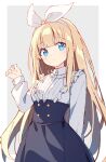  1girl absurdres bangs blonde_hair blue_eyes bow closed_mouth collared_dress dress hair_bow hair_ornament hand_up highres long_hair long_sleeves looking_to_the_side original solo standing white_bow white_headwear zoirun 