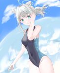  1girl animal_ear_fluff animal_ears bangs black_swimsuit blue_archive blue_eyes blue_sky cloud competition_swimsuit covered_navel cross_hair_ornament extra_ears grey_hair hair_ornament halo highres looking_at_viewer medium_hair mismatched_pupils multicolored_clothes multicolored_swimsuit neru_shiba one-piece_swimsuit shiroko_(blue_archive) shiroko_(swimsuit)_(blue_archive) sky solo standing swimsuit 