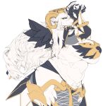  absurd_res angel anthro big_breasts blue_eyes bodily_fluids bovid breasts caprine carsen claws clothed clothing female fur goat hair halo hi_res horn mammal partially_clothed simple_background solo sweat teeth thick_thighs white_body white_fur white_hair wide_hips wings 