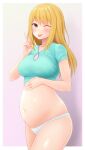  1girl ;p bangs belly blonde_hair blue_shirt breasts brown_eyes cleavage commission cowboy_shot crop_top duzimura hand_on_own_chest hand_on_own_stomach highres long_hair midriff mole mole_on_body mole_on_stomach navel one_eye_closed original panties pregnant shirt simple_background skeb_commission solo tongue tongue_out underwear v white_panties 