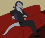  anthro bent_legs beverage clothed clothing crossed_legs disney furniture grey_body hair leg_over_thigh lizard looking_at_viewer male missing_finger reptile scalie sitting smile sofa solo star_vs._the_forces_of_evil toffee_(svtfoe) unknown_artist yellow_eyes 