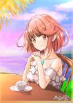  1girl alternate_costume bangs breasts chair chest_jewel cup highres large_breasts ocean pyra_(xenoblade) red_eyes red_hair short_hair smile sofusan1526 solo swept_bangs teacup xenoblade_chronicles_(series) xenoblade_chronicles_2 