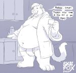  2022 anthro belly big_belly bulge clothed clothing dialogue english_text felid hi_res humanoid_hands inside male mammal moobs navel open_clothing open_robe overweight overweight_male robe skaifox solo text underwear 