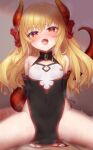  1girl arms_behind_back awai_flavia awai_shiro blonde_hair breasts commentary_request covered_navel dragon_horns dragon_tail hair_ribbon heavy_breathing highres horns implied_sex indie_virtual_youtuber no_panties red_eyes ribbon small_breasts solo straddling tail teeth virtual_youtuber 