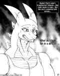  2016 anthro belly_scales bodily_fluids clothing comic dragon english_text hi_res horn if_hell_had_a_taste male monochrome muscular muscular_male open_mouth scales scar shirt skylar_fidchell solo sweat text topwear viroveteruscy 