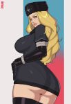  1girl absurdres ass black_gloves black_legwear blonde_hair blue_eyes breasts from_behind fur_hat fur_trim gloves hat highres huge_ass kolin large_breasts lips long_hair looking_at_viewer looking_back panties smile solo street_fighter street_fighter_v thick_lips thick_thighs thighhighs thighs underwear ushanka wide_hips zpark_art 