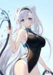  1girl animal_ears arknights aurora_(arknights) bangs bare_arms bare_shoulders black_hairband black_swimsuit blue_eyes breasts commentary_request covered_navel gogatsu_fukuin grey_hair hairband highres holding hose lofter_username long_hair looking_at_viewer medium_breasts one-piece_swimsuit parted_lips solo swimsuit twitter_username very_long_hair water weibo_username 