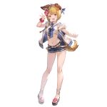  1girl :3 animal_ears anklet bangs bare_arms blonde_hair blue_bow blue_bowtie blue_shorts blush bow bowtie breasts brown_eyes crop_top dog_ears dog_girl dog_tail flower full_body granblue_fantasy hair_flower hair_ornament hand_up hat hibiscus hood hood_down hooded_jacket jacket jewelry looking_at_viewer midriff navel official_alternate_costume official_art open_mouth outstretched_arm sailor_collar sandals scrunchie shirt short_hair short_shorts shorts sleeveless sleeveless_jacket sleeveless_shirt small_breasts smile solo standing tail transparent_background vajra_(granblue_fantasy) w white_headwear white_shirt wrist_scrunchie 