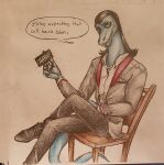 anthro bent_legs chair clothed clothing crossed_legs dialogue disney furniture grey_body hair leg_over_thigh lizard looking_at_viewer male reptile scalie sitting smile solo star_vs._the_forces_of_evil suit toffee_(svtfoe) unknown_artist yellow_eyes 