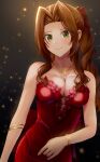  1girl absurdres aerith_gainsborough armlet bracelet breasts brown_hair cleavage closed_mouth dress evening_gown final_fantasy final_fantasy_vii final_fantasy_vii_remake gold_necklace green_eyes hair_intakes hair_ribbon highres jewelry konbanwa01 light_particles medium_breasts necklace official_alternate_costume ponytail red_dress red_ribbon ribbon sidelocks smile solo sparkle star_(symbol) star_necklace strapless strapless_dress upper_body wavy_hair 