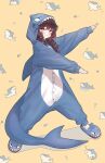  1girl animal_costume animal_hood bangs brown_hair dancing drill_locks fish_tail highres hood hood_up korean_commentary kuzel_(bonolangje) manyeoui_dosi odil_gemini onesie purple_eyes shark_costume shark_hood shark_tail slippers smile solo tail yellow_background 