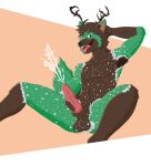  anthro antlers armpit_hair armpit_tuft balls bodily_fluids body_hair brown_body brown_eyes brown_fur canid canine canis cervid cum digital_media_(artwork) ear_tuft ejaculation erection esofaoul_(character) fur genital_fluids genitals green_body green_eyes green_fur hair hands_behind_head hi_res horn hybrid knot looking_at_viewer male mammal muscular nude open_mouth orange_background penis pubes pubes_exposed simple_background sitting smile solo tuft were werecanid werecanine werewolf white_background white_body white_fur wolf 
