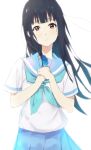  1girl a4a4a absurdres bangs blue_feathers blue_hair blue_neckerchief blue_sailor_collar blue_skirt blush closed_mouth feathers hands_up hibike!_euphonium highres holding kitauji_high_school_uniform liz_to_aoi_tori long_hair looking_at_viewer neckerchief pleated_skirt red_eyes sailor_collar school_uniform serafuku shirt short_sleeves simple_background skirt solo standing white_background white_shirt yoroizuka_mizore 