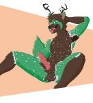  anthro antlers armpit_hair armpit_tuft balls bodily_fluids body_hair brown_body brown_eyes brown_fur canid canine canis cervid digital_media_(artwork) ear_tuft erection esofaoul_(character) fur genital_fluids genitals green_body green_eyes green_fur hair hands_behind_head hi_res horn hybrid knot looking_at_viewer male mammal muscular nude open_mouth orange_background penis pubes pubes_exposed simple_background sitting smile solo tuft were werecanid werecanine werewolf white_background white_body white_fur wolf 