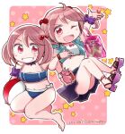  2girls badge bag ball barefoot beachball bikini blue_bikini blue_skirt dress dual_persona frilled_dress frills hair_bobbles hair_ornament izumiyamisono kantai_collection multiple_girls official_alternate_costume pink_eyes pink_hair pleated_skirt rabbit sazanami_(kancolle) short_hair skirt swimsuit toeless_footwear twintails 