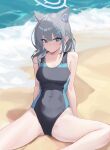  1girl animal_ears beach black_swimsuit blue_archive blue_eyes breasts cat_ears chengxiang220 grey_hair hair_ornament hairclip halo highres legs medium_breasts official_alternate_costume one-piece_swimsuit sand shiroko_(blue_archive) shiroko_(swimsuit)_(blue_archive) sitting solo swimsuit thighs water 