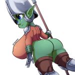  2022 absurd_res armor big_breasts big_butt breasts butt female goblin headgear helmet hi_res holding_polearm huge_breasts humanoid not_furry nuclearwasabi short_stack simple_background solo white_background 