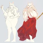  absurd_res anthro big_breasts breasts canid canine carsen claws clothed clothing eyes_closed fangs female fur hair hi_res mammal open_mouth open_smile partially_clothed simple_background smile solo teeth thick_thighs tongue white_body white_fur white_hair wide_hips 