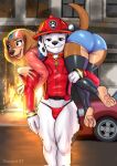 anthro blue_eyes bottomwear brown_eyes building bulge butt canid canine canis car carrying carrying_another carrying_over_shoulder clothing dachshund dalmatian diacordst domestic_dog duo female fire firefighter fireman&#039;s_carry footless_legwear form_fitting fur hi_res hunting_dog intraspecies leggings legwear liberty_(paw_patrol) male mammal marshall_(paw_patrol) paw_patrol pawpads red_clothing shorts smile smoke spots topwear underwear vehicle vest white_body white_fur 
