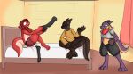  anthro bed clothed clothing dress_up female footwear furniture group hi_res hood inside kobold lilla_(rmaster) partially_clothed red_(rmaster) scalie socks starit tarr 