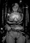  black_hair blush breasts closed_mouth clothes_pull commentary female_pubic_hair gesogeso high_ponytail japanese_clothes kimono large_breasts long_hair looking_at_viewer monochrome ninja nipples original outdoors pubic_hair smile sweat thighs 