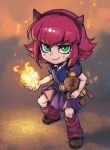  1girl animal_ears annie_(league_of_legends) bangs brown_footwear collared_shirt fake_animal_ears green_eyes holding holding_flame holding_stuffed_toy kneehighs league_of_legends miniskirt phantom_ix_row puffy_short_sleeves puffy_sleeves red_hair shiny shiny_hair shirt shoes short_hair short_sleeves skirt smile solo standing stuffed_animal stuffed_toy teddy_bear v-shaped_eyebrows vest 