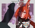  1girl animal_ears arknights black_gloves blush character_name ear_covers earclip flametail_(arknights) futanari gloves heart long_hair looking_at_penis mirin_chikuwa open_mouth penis penis_awe penis_shadow purple_background red_eyes red_hair solo_focus speech_bubble spoken_heart squirrel_ears sweat twitching twitching_penis upper_body v-shaped_eyebrows wavy_mouth wide-eyed 