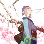  bandana blonde_hair blue_eyes flower from_side highres japanese_clothes kimono looking_at_viewer male_focus mononoke pako_(pakosun) pink_flower pointy_ears tree 