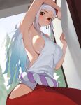  1girl armpits bare_shoulders breasts curled_horns earrings hair_ornament hair_stick highres horns japanese_clothes jason_kim jewelry kimono large_breasts long_hair looking_at_viewer multicolored_hair one_piece oni red_horns rope shimenawa sideboob sleeveless solo sweat white_hair yamato_(one_piece) 