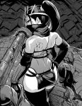  1girl 2boys ass bikini black_hair breasts commentary elbow_gloves from_behind gesogeso gloves high_ponytail long_hair looking_at_viewer mask monochrome mouth_mask multiple_boys ninja original outdoors pelvic_curtain scarf shuriken swimsuit thighhighs thighs weapon 