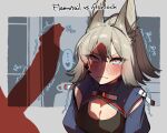  ... 1girl animal_ears arknights ashlock_(arknights) black_shirt blush breasts character_name cleavage closed_mouth futanari grey_hair heart heart-shaped_pupils looking_at_viewer mirin_chikuwa monochrome oripathy_lesion_(arknights) penis penis_shadow ponytail red_eyes shirt small_breasts solo_focus speech_bubble spoken_ellipsis spoken_heart spot_color squirrel_ears symbol-shaped_pupils trembling twitching_penis upper_body 