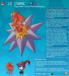  1boy 1girl artist_name blue_background breasts character_name character_profile colored_skin crystal_hair english_commentary english_text hat_feather highres kinkymation personification poke_ball poke_ball_(basic) pokemon purple_hair red_eyes red_skin small_breasts staryu tiara 