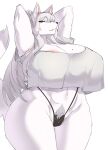  anthro big_breasts breasts canid canine carsen clothed clothing female fluffy fluffy_tail fur hair hi_res looking_at_viewer mammal open_mouth open_smile panties partially_clothed pubes simple_background smile solo thick_thighs underwear white_body white_fur white_hair wide_hips yellow_eyes 
